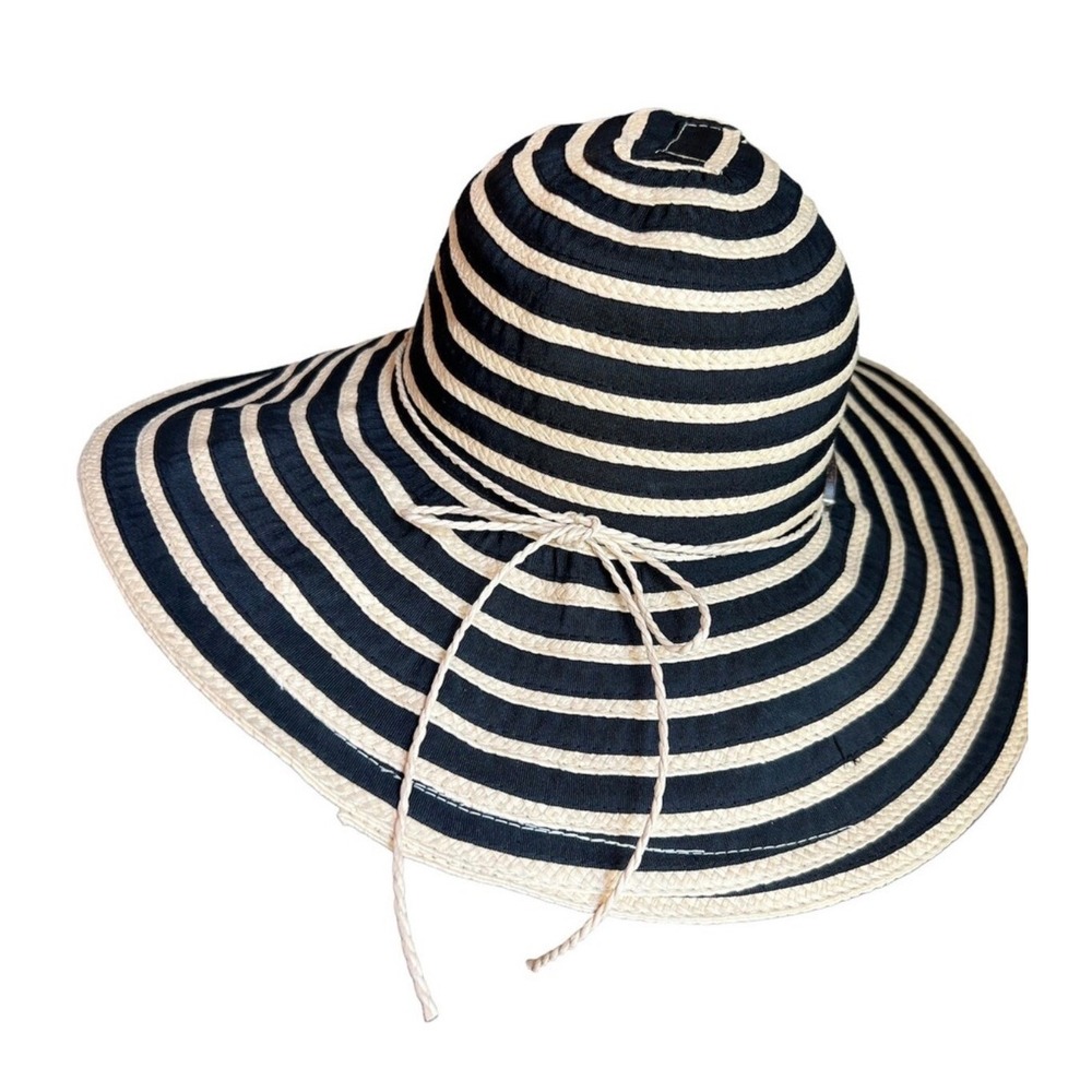 Panama Jack Black Cream Striped Wide Brim Sun Hat One Size Toyo Straw Rope Charm